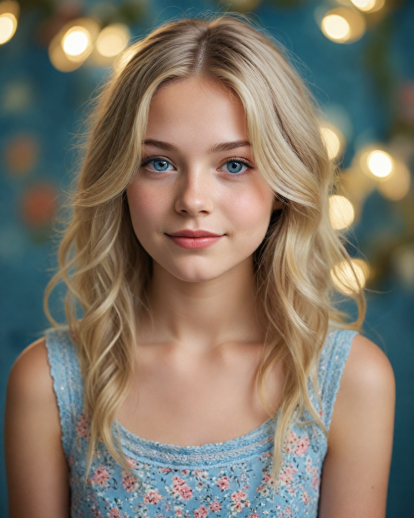 an enchanting portrait of a young girl with long, flowing, silken light blond hair that cascades gently over her shoulders, her round face illuminated by soft, ethereal lighting, sparkling light blue eyes gleaming with curiosity and warmth, full, rosy lips curved into a gentle smile as she gazes directly at the viewer. She wears a stylish, intricately patterned cropped tank top that adds a touch of bohemian flair to the composition, surrounded by a dreamy background of pastel florals and whimsical, twinkling fairy lights, evoking a sense of youthful wonder and serene beauty, captured in a hyper-realistic style reminiscent of classical portrait painting blended with modern digital artistry.