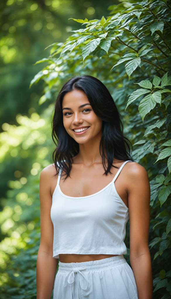 a radiant tanned young girl with an infectious, beaming smile, wearing a stylishly fitted white crop top that elegantly highlights her graceful curves, posed in a dreamy soft-focus portrait that captures a sense of whimsy, her long, sleek black hair cascading like a waterfall, surrounded by a gentle, ethereal glow of sunlight filtered through delicate leaves, evoking a serene summer afternoon in an enchanted garden, reminiscent of a contemporary oil painting by Claude Monet with a modern twist