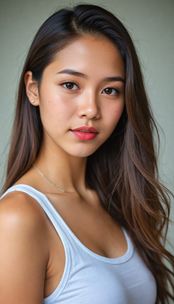 a (beautifully realistic cute Filipino teen girl), with long, flowing, voluminous, light brown soft hair, flawless (porcelain skin), a small flawless nose, and rosy red lips, dressed in a (plain very short tight revealing translucent tank top), posing confidently, Malaysian