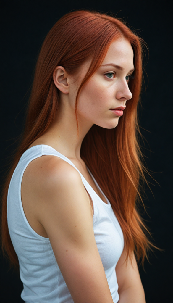 realistic and detailed portrait of a young, pretty girl with long straight jet red soft hair, black background, weak light illuminates the girl a little, side view, wears a thin cropped white tank top made of fine wool, perfect body