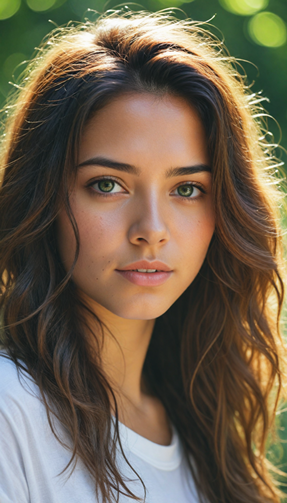 a breathtaking scene featuring a gorgeous and stunning girl with cascading hair, long white t-shirt, sunny green backdrop, detailed face, hair and eyes