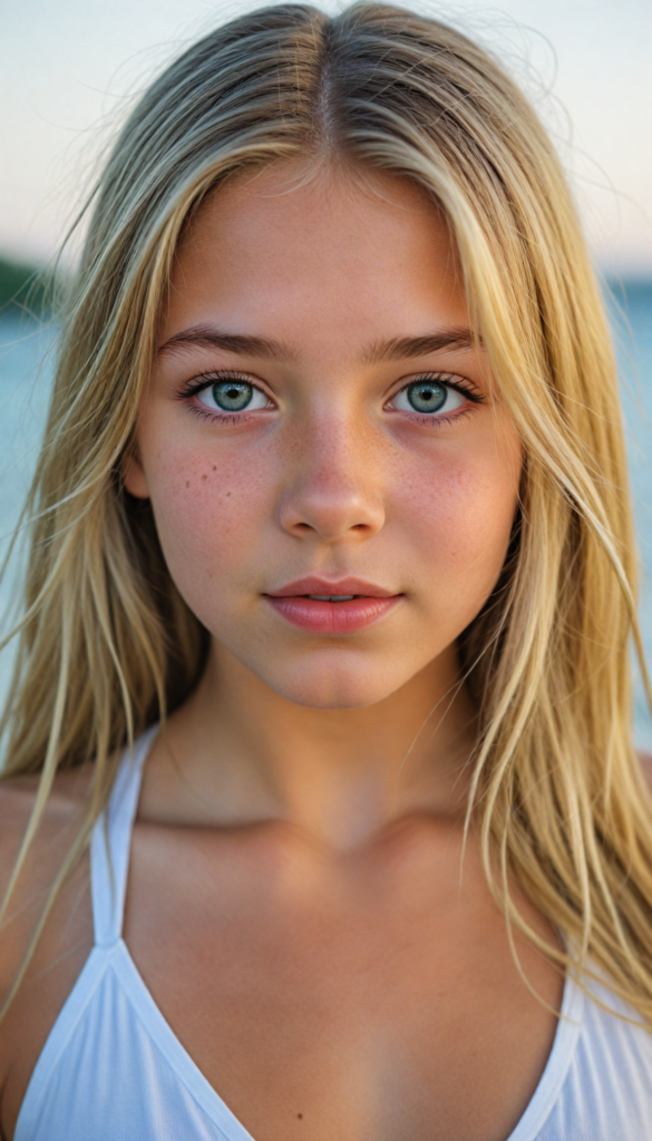 a upper-body portrait from a cute young girl with long, straight blonde hair, super detailed face, detailed eyes, full lips, white bikini