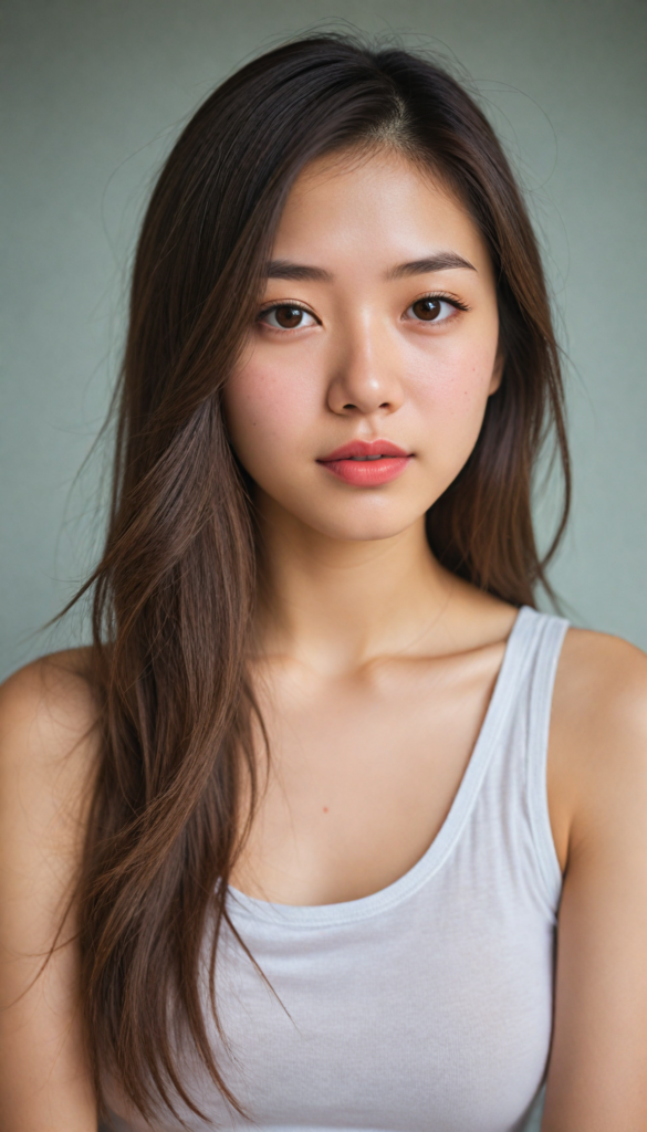 a (beautifully realistic cute Japanese teen girl), with long, flowing, voluminous, light brown soft hair, flawless (porcelain skin), a small flawless nose, and rosy red lips, dressed in a (plain very short tight revealing translucent tank top), posing confidently, Chinese