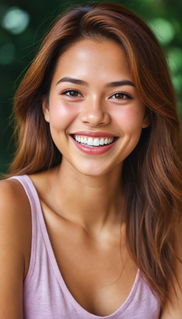 a (very beautiful teenage girl), with long, flowing, voluminous (detailed soft red amber hair), styled in a sleek, shiny, straight haircut with sharp, defined (full red lips), emitting an ethereal glow that complements her otherwise natural features, dressed in a (pink short thin plain and cropped tank top made of fine wool, deep v-neck), perfect curved fit body, she radiates pure joy, smile, perfect white teeth, round realistic face, round shiny amber eyes, full kissable lips, Philippines