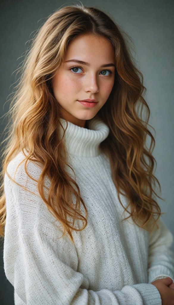 a stunning young girl, soft long wavy light brown hair, she wears a white wool sweater that support her perfect curved body, perfect portrait