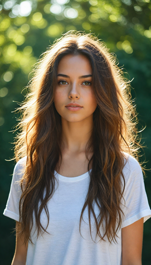 a breathtaking scene featuring a gorgeous and stunning girl with cascading hair, long white t-shirt, sunny green backdrop, detailed face, hair and eyes