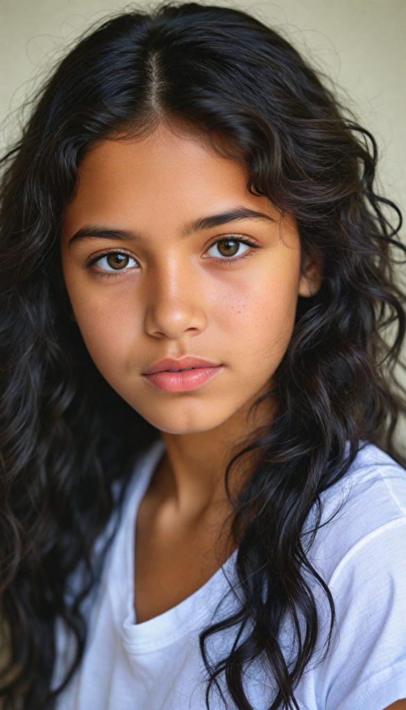 a stunning young detailed Latino girl, beautiful eyes, full lips, soft long obsidian black wavy hair, perfect portrait, white t-shirt