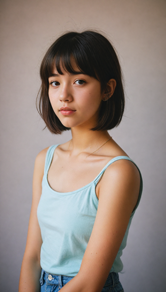 a (vividly drawn cute teen girl) with a (perfectly curved silhouette) and illustrative details that convey youthful cuteness, bob cut, shoulder-length hair