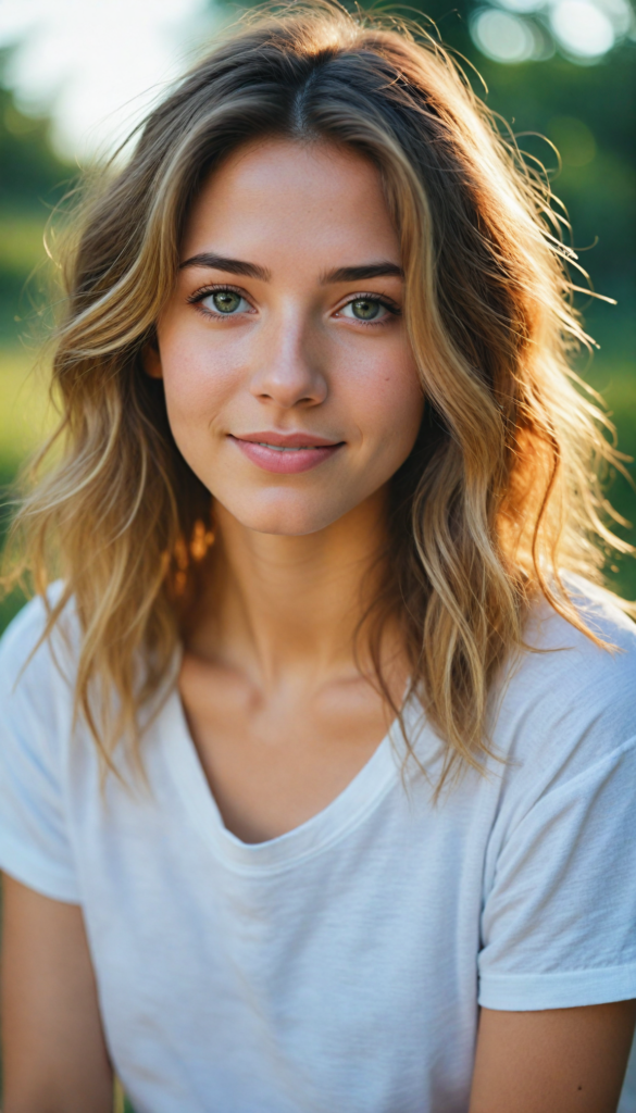 A stunning young girl with soft, long gold hair, captured in a perfect portrait style. She wears a simple white t-shirt that contrasts beautifully with her radiant features. The background is a dreamy, blurred landscape bathed in soft pastel colors, reminiscent of an impressionist painting. The lighting is warm and ethereal, highlighting her expressive eyes and gentle smile, evoking a sense of serenity and grace.