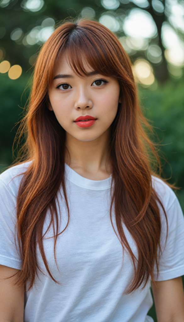 a (very beautiful Asian teenage girl), with long, flowing, voluminous (detailed soft red amber hair), styled in a sleek, shiny, straight bangs haircut with sharp, defined (full red lips), emitting an ethereal glow that complements her otherwise natural features, dressed in a (t-shirt), perfect curved fit body, round realistic face, round shiny amber eyes