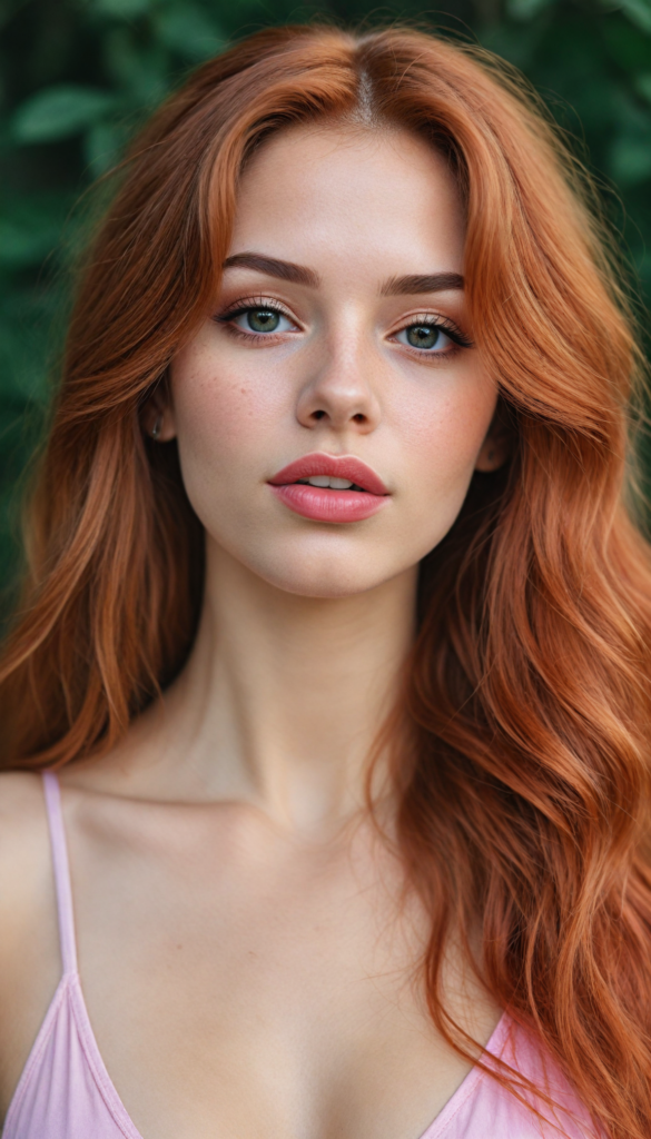 a (very beautiful teenage girl), with long, flowing, voluminous (detailed soft red amber hair), styled in a sleek, shiny, straight haircut with sharp, defined (full red lips), emitting an ethereal glow that complements her otherwise natural features, dressed in a (pink bikini, deep v-neck), perfect curved fit body, round realistic face, round shiny amber eyes, full kissable lips