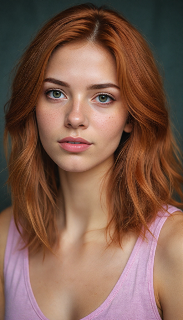 a (very beautiful teenage girl), with long, flowing, voluminous (detailed soft red amber hair), styled in a sleek, shiny, straight haircut with sharp, defined (full red lips), emitting an ethereal glow that complements her otherwise natural features, dressed in a (pink short thin plain and cropped tank top made of fine wool, deep v-neck), perfect curved fit body, round realistic face, round shiny amber eyes