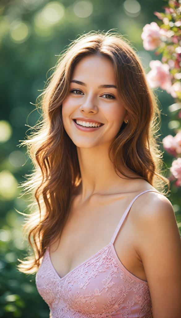 a vivacious teen girl with an infectious and radiant smile, adorned in a stylishly tailored short crop pink tank top that elegantly accentuates her graceful curves, captured in a breathtaking portrait reminiscent of a contemporary fashion illustration, featuring long, lustrous, straight hazelnut hair that gracefully cascades down her shoulders like a waterfall, bathed in warm sunlight filtering through a blooming garden, with soft bokeh effects and delicate floral accents enhancing the joyous atmosphere.