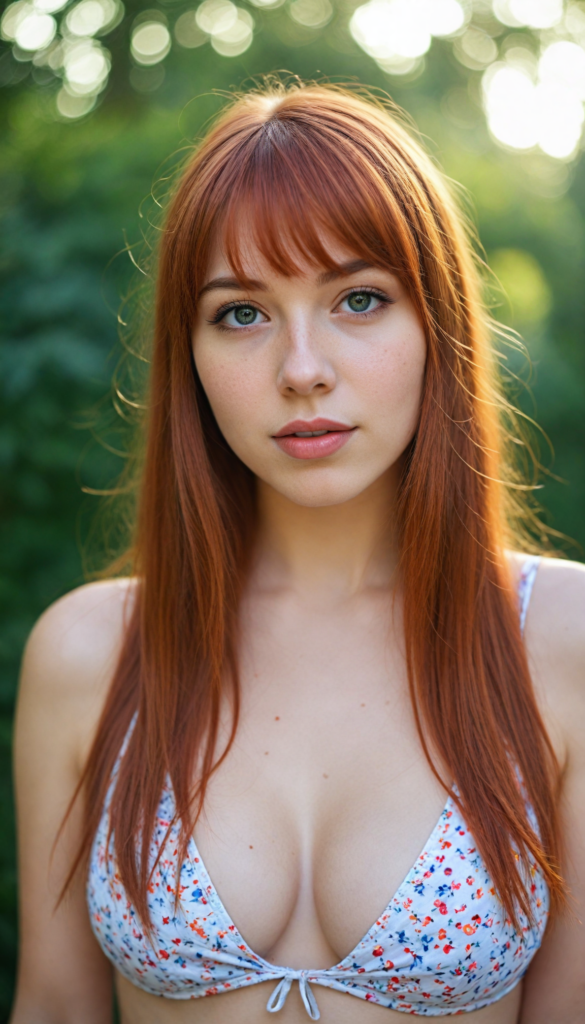 a (beautifully realistic cute busty teen girl), with long, flowing, straight, red straight hair, bangs cut, flawless (porcelain skin), a small flawless nose, and red lips, dressed in a (plain very short tight revealing translucent bikini), posing confidently