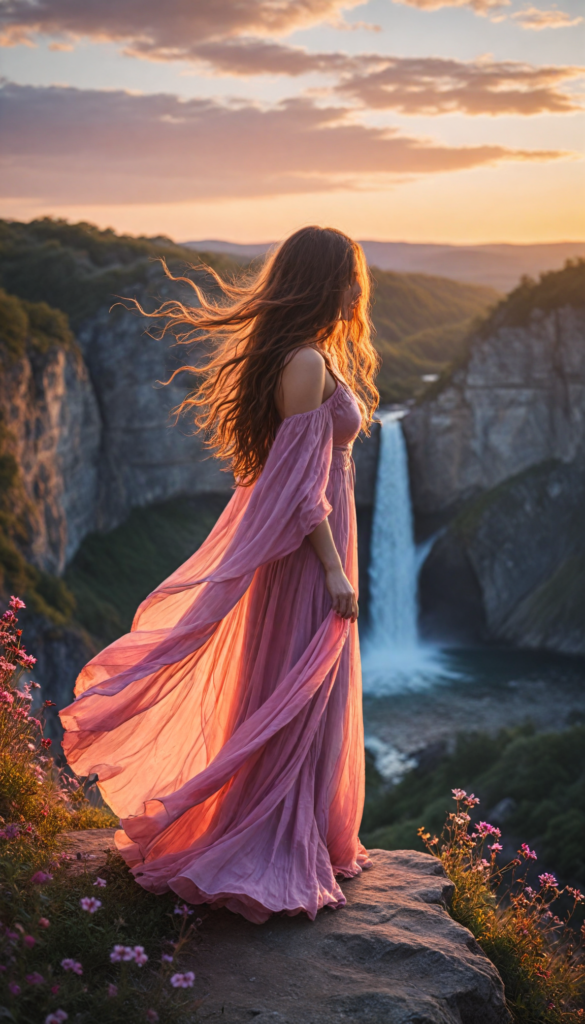 a breathtaking scene featuring a gorgeous girl with cascading, flowing hair that glistens in the sunlight. She stands on the edge of a cliff overlooking a vibrant sunset, with hues of orange, pink, and purple blending in the sky. The wind gently tousles her hair, creating an ethereal aura around her. Surrounding her are wildflowers in full bloom, adding pops of color to the landscape, and a distant waterfall cascading down rocks, reflecting the evening light. The art style combines elements of Romanticism with a touch of Impressionism, capturing both the beauty of nature and the serene elegance of the girl.