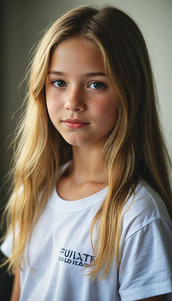 a stunning young girl, soft long gold hair, perfect portrait, white t-shirt