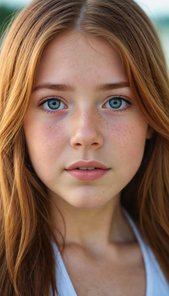 a upper-body portrait from a cute young girl with long, straight auburn hair, super detailed face, detailed eyes, full lips, white bikini