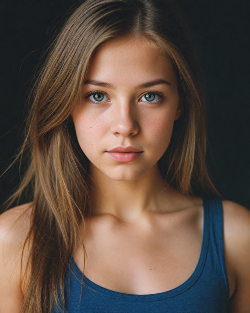 a detailed and realistic upper-body photo from a young girl, with long straight very soft hair, round face, beautiful eyes, full lips looks at the viewer, she wears a short cropped tank top