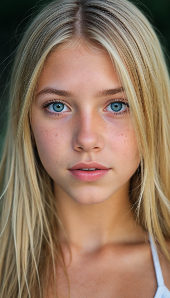 a upper-body portrait from a cute young girl with long, straight blonde hair, super detailed face, detailed eyes, full lips, white bikini