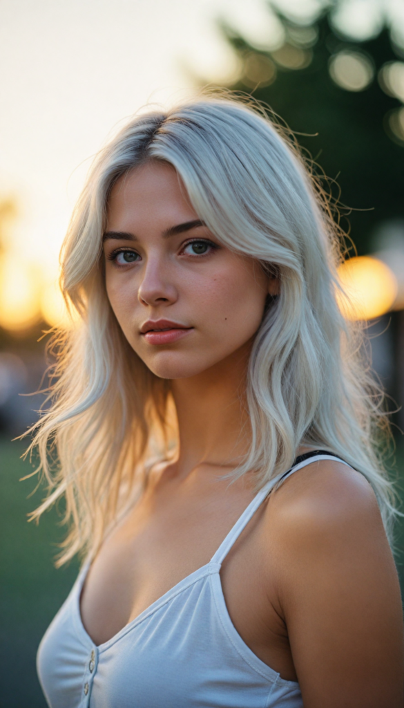 a (cinematic scene) featuring a (very cute well busty teen girl), with details like a side-perspective hairstyle featuring bangs, straight, (detailed long white hair), an angelically perfect facial structure, and a super short, tight, (plain fine tank top, deep v-neck), all against a backdrop of a (softly glowing, side-perspective) sunset