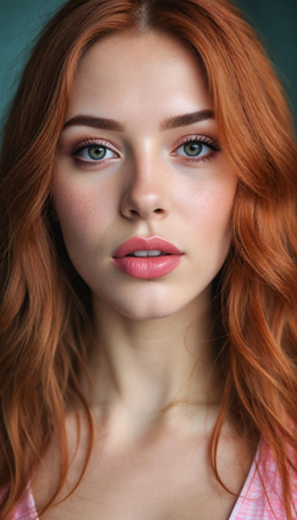 a (very beautiful teenage girl), with long, flowing, voluminous (detailed soft red amber hair), styled in a sleek, shiny, straight haircut with sharp, defined (full red lips), emitting an ethereal glow that complements her otherwise natural features, dressed in a (pink bikini, deep v-neck), perfect curved fit body, round realistic face, round shiny amber eyes, full kissable lips