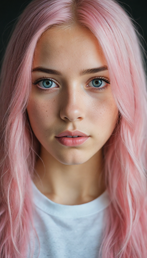 a stunning young detailed girl, beautiful eyes, full lips, soft long light pink hair, perfect portrait, white t-shirt