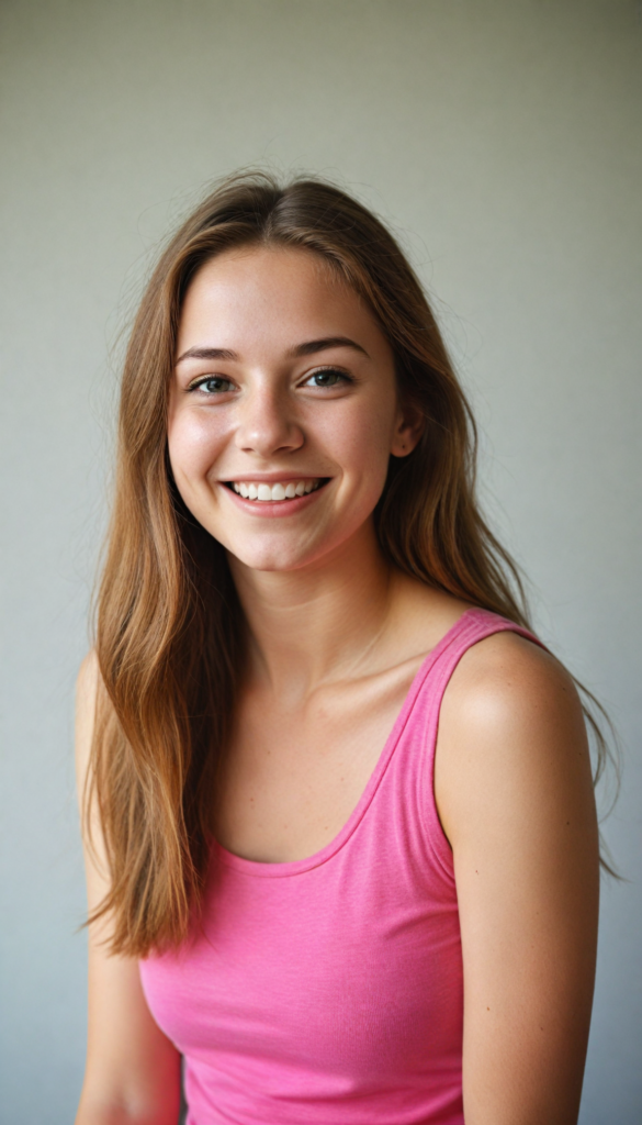 a (teen girl) with a joyful and sunny smile, wearing a sleek and fitted short crop pink tank top that showcases her perfect, curves, captured in a (flawless portrait), with long, flowing, straight hazelnut hair cascading down