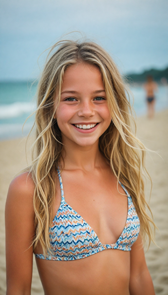 a young girl in a bikini, smile, beach in the backdrop, long straight (summer blond) wavy hair