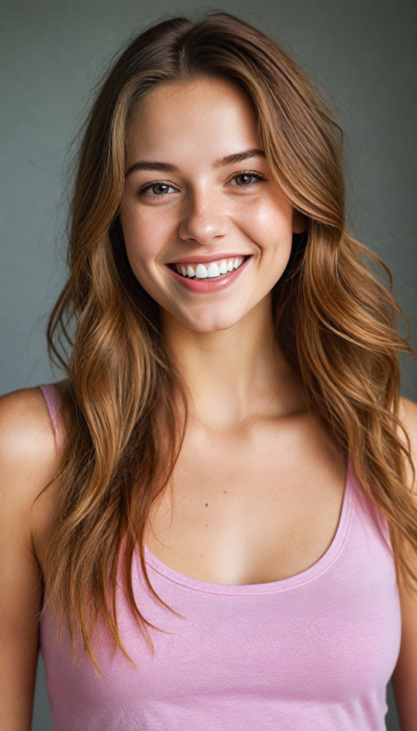 a (teen girl) with a joyful and sunny smile, wearing a sleek and fitted short crop pink tank top that showcases her perfect, curves, captured in a (flawless portrait), with long, flowing, straight hazelnut hair cascading down