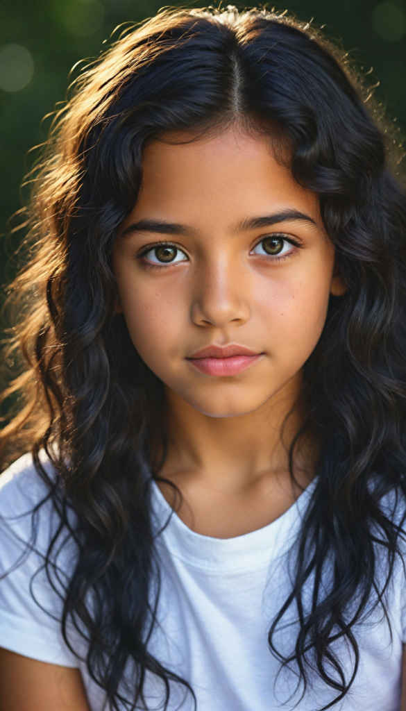 a stunning young detailed Latino girl, beautiful eyes, full lips, soft long obsidian black wavy hair, perfect portrait, white t-shirt