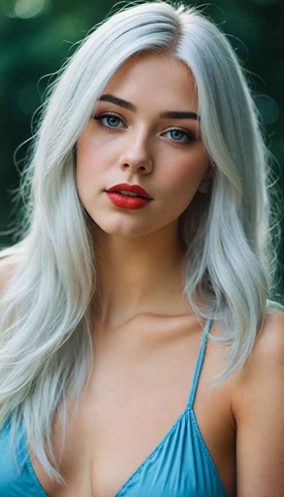 a (very beautiful teenage girl), with long, flowing, voluminous (detailed soft white hair), styled in a sleek, shiny, straight haircut with sharp, defined (full red lips), emitting an ethereal glow that complements her otherwise natural features, dressed in a (bikini, deep v-neck), perfect curved fit body, round realistic face, round shiny light blue eyes