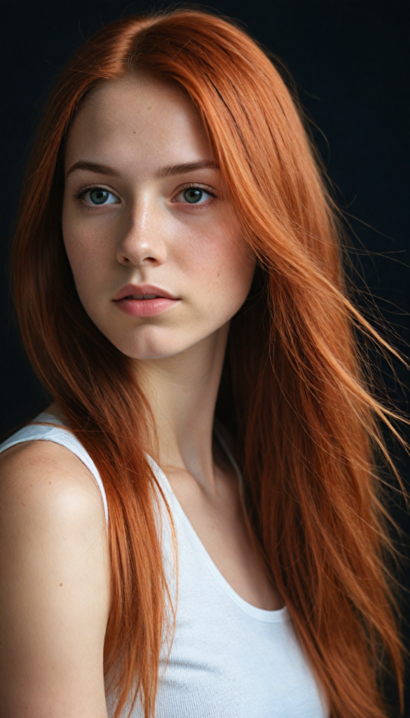 realistic and detailed portrait of a young, pretty girl with long straight jet red soft hair, black background, weak light illuminates the girl a little, side view, wears a thin cropped white tank top made of fine wool, perfect body