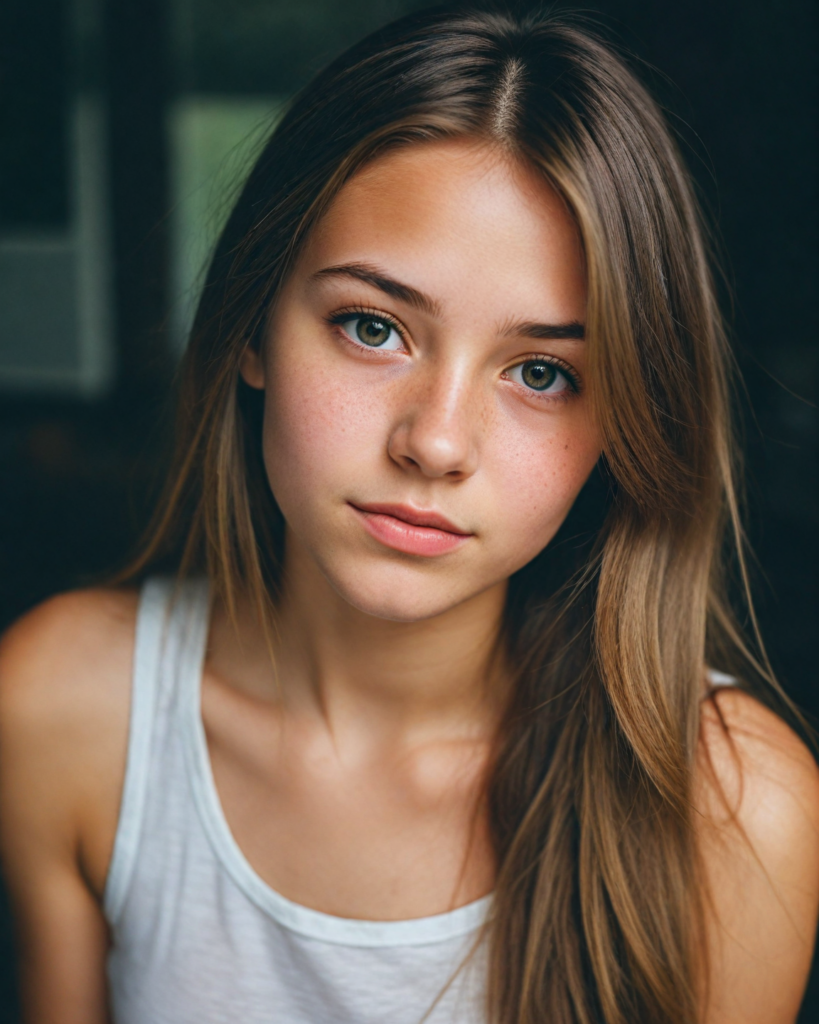 a detailed and realistic upper-body photo from a young girl, with long straight very soft hair, round face, beautiful eyes, full lips looks at the viewer, she wears a short cropped tank top