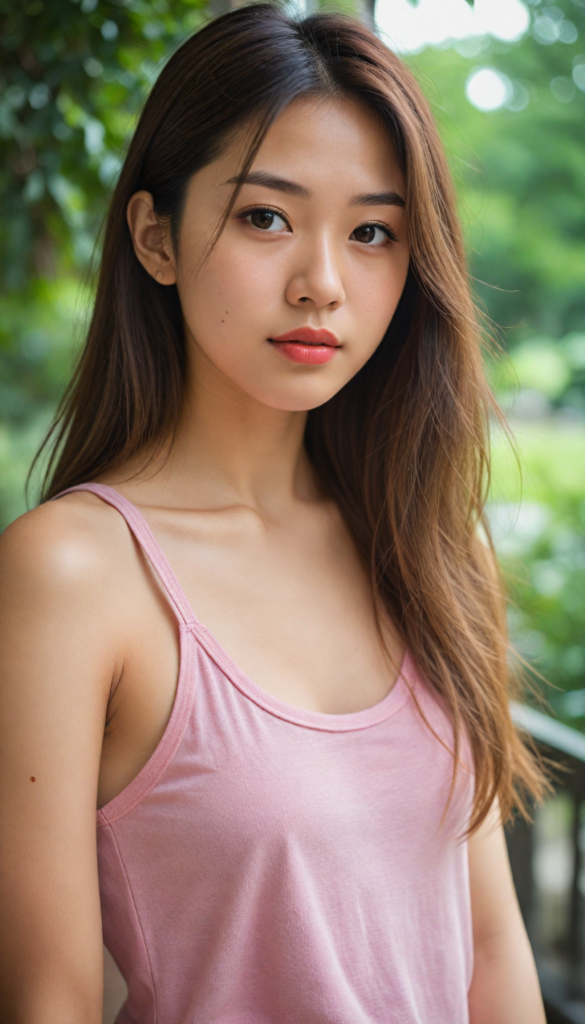 a (beautifully realistic cute Japanese teen girl), with long, flowing, voluminous, light brown soft hair, flawless (porcelain skin), a small flawless nose, and rosy red lips, dressed in a (plain very short tight revealing translucent tank top), posing confidently, Chinese