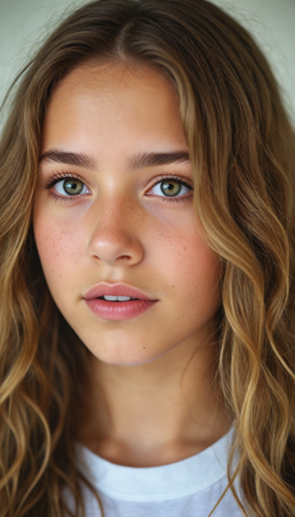 a stunning young detailed girl, beautiful eyes, full lips, soft long light brown wavy hair, perfect portrait, white t-shirt