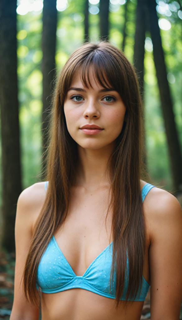 high detailed and realistic upper body portrait from a breathtakingly beautiful natural (18-year-old girl) with warm amber eyes and luxuriously thick (light brown detailed long smooth straight hair, bangs), full lips, (wears a light blue bikini that support her perfect body, stands in an autumnal forest)