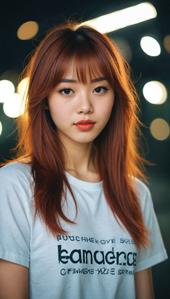 a (very beautiful Asian teenage girl), with long, flowing, voluminous (detailed soft red amber hair), styled in a sleek, shiny, straight bangs haircut with sharp, defined (full red lips), emitting an ethereal glow that complements her otherwise natural features, dressed in a (t-shirt), perfect curved fit body, round realistic face, round shiny amber eyes