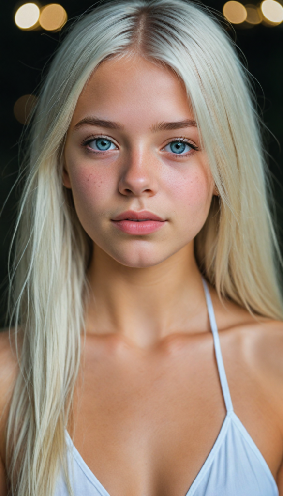 a upper-body portrait from a cute young girl with long, straight platinum hair, super detailed face, detailed eyes, full lips, white bikini