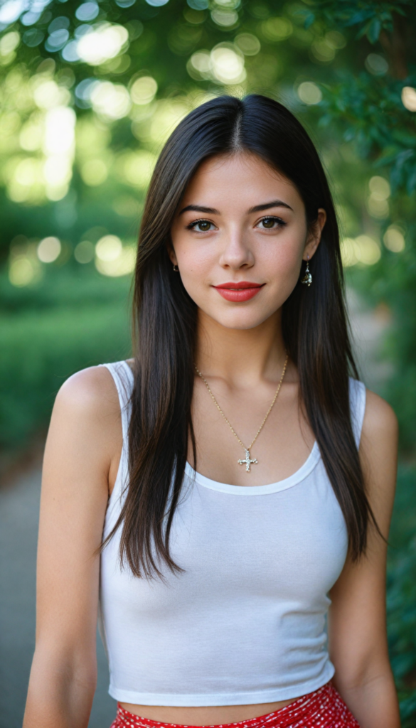 a (beautifully realistic cute model teen girl), with long, flowing, voluminous, dark brown hair featuring (straight hair), flawless (porcelain skin), a small flawless nose, and rosy red lips, dressed in a (plain very short tight revealing translucent tank top and miniskirt), complemented by a sparkling necklace and matching earrings, posing confidently