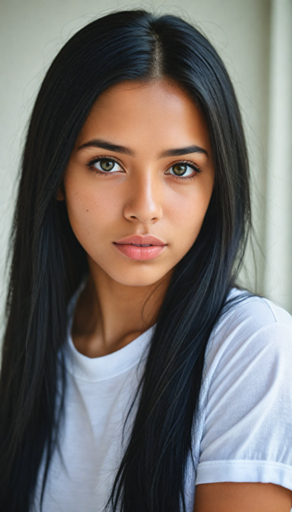 a stunning young detailed Exotic girl, beautiful eyes, full lips, soft long obsidian black straight hair, perfect portrait, white t-shirt