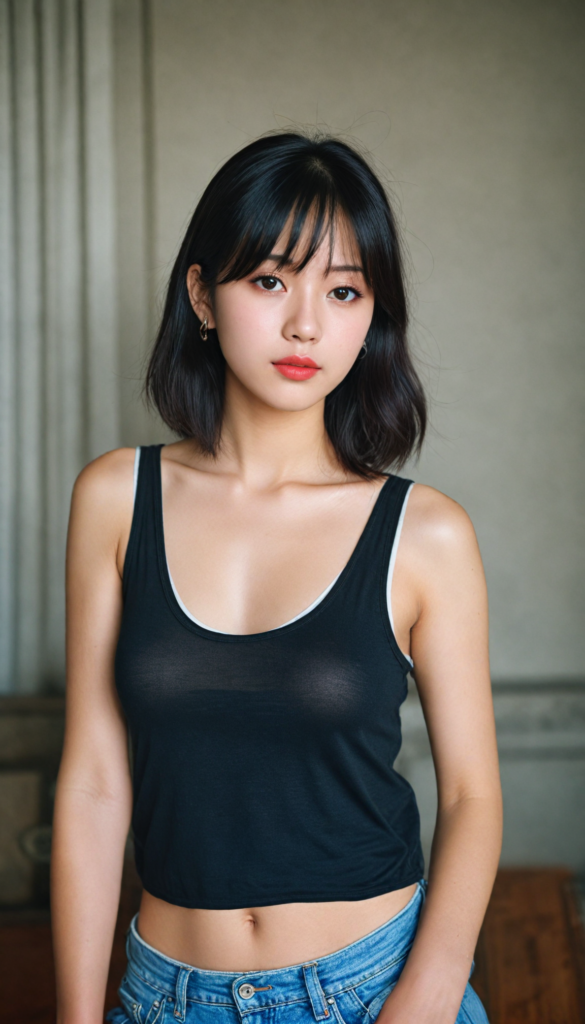 a (beautifully realistic cute Japanese teen girl, she looks seductive), with long, flowing, voluminous, obsidian black soft hair, flawless (porcelain skin), a small flawless nose, and rosy red lips, amber eyes, dressed in a (plain very short tight revealing translucent tank top), posing confidently, Korean