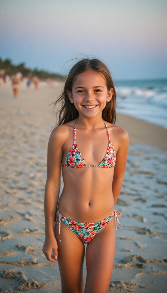 a young girl in a bikini, smile, beach in the backdrop