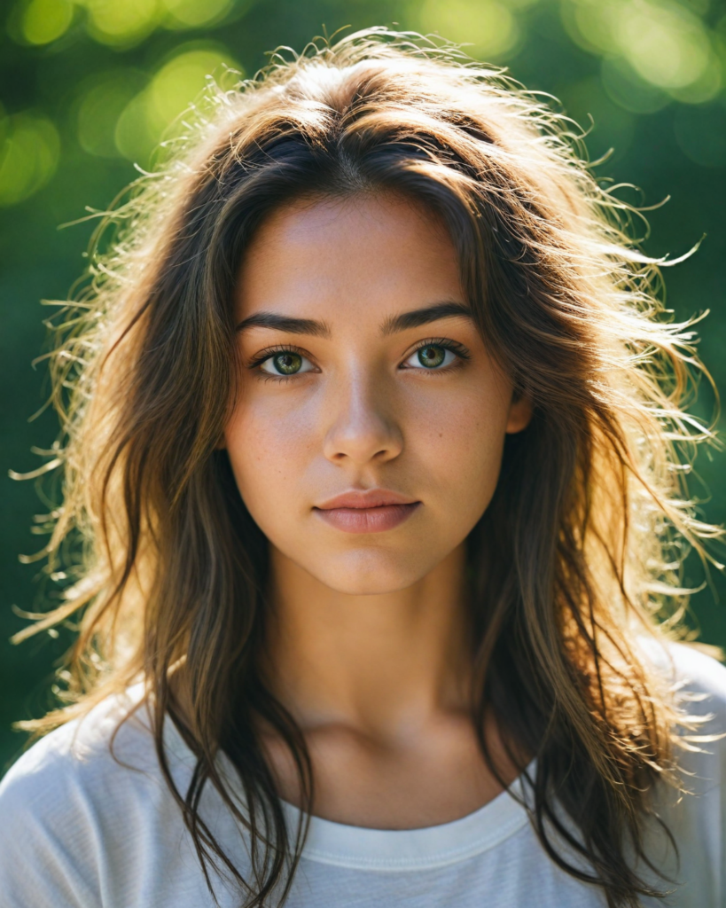 a breathtaking scene featuring a gorgeous and stunning girl with cascading hair, long white t-shirt, sunny green backdrop, detailed face, hair and eyes