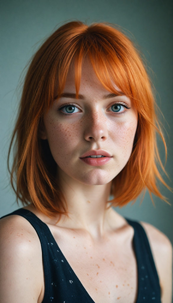 a (softly beautiful young busty girl), with skin that radiates a natural glow, freckles, and imperfections, followed by delicate (full lips), set against a backdrop of a (short, bangs-cut, straight soft long orange hair) and (an imperfect, yet radiant complexion), all framed by a (black, simple outfit) that complements her youthful innocence, against a (white, pure, simple background)