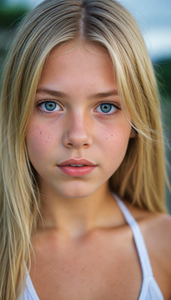 a upper-body portrait from a cute young girl with long, straight blonde hair, super detailed face, detailed eyes, full lips, white bikini