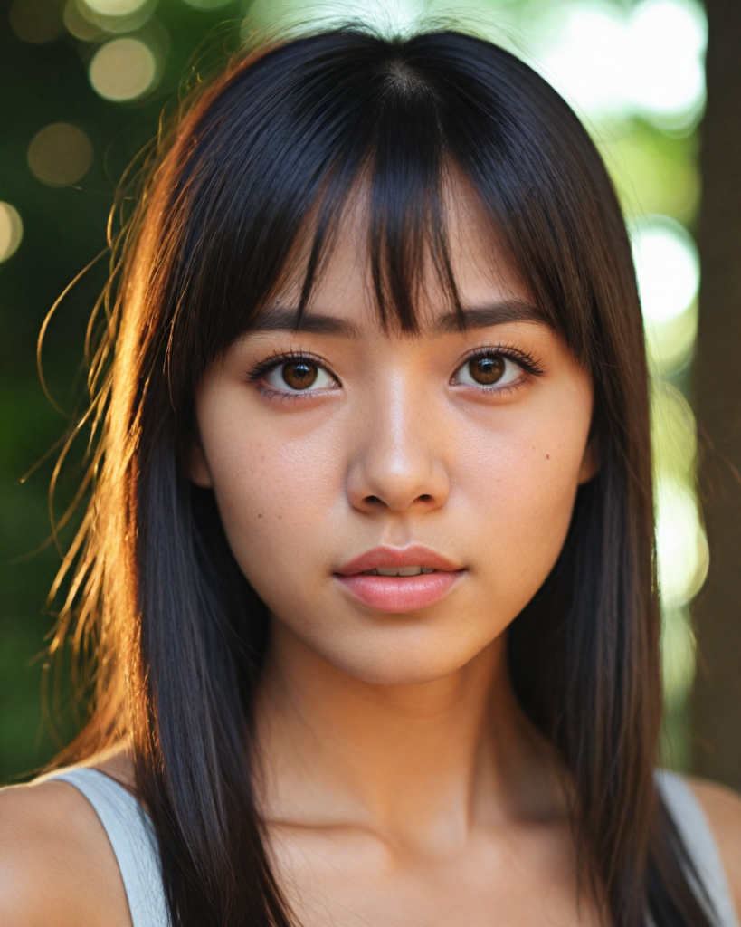 a detailed and realistic upper-body photo from a young Asian girl, with long straight very soft dark hair, bangs cut, round face, beautiful light amber eyes, full lips looks at the viewer, she wears a short cropped tank top