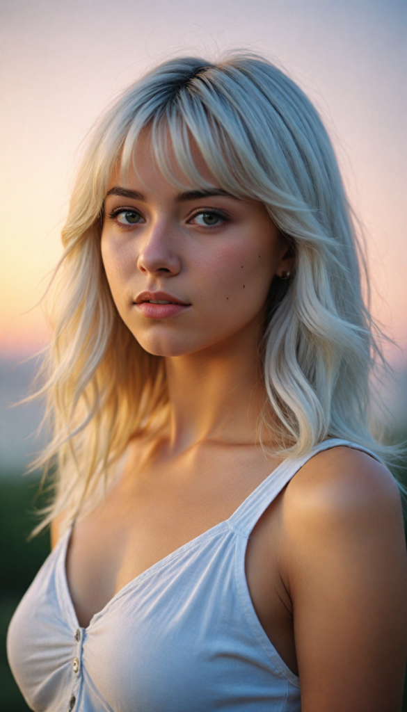 a (cinematic scene) featuring a (very cute well busty teen girl), with details like a side-perspective hairstyle featuring bangs, straight, (detailed long white hair), an angelically perfect facial structure, and a super short, tight, (plain fine tank top, deep v-neck), all against a backdrop of a (softly glowing, side-perspective) sunset