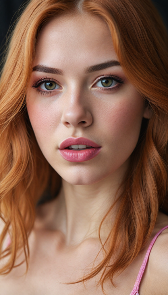 a (very beautiful teenage girl), with long, flowing, voluminous (detailed soft red amber hair), styled in a sleek, shiny, straight haircut with sharp, defined (full red lips), emitting an ethereal glow that complements her otherwise natural features, dressed in a (pink bikini, deep v-neck), perfect curved fit body, round realistic face, round shiny amber eyes, full kissable lips