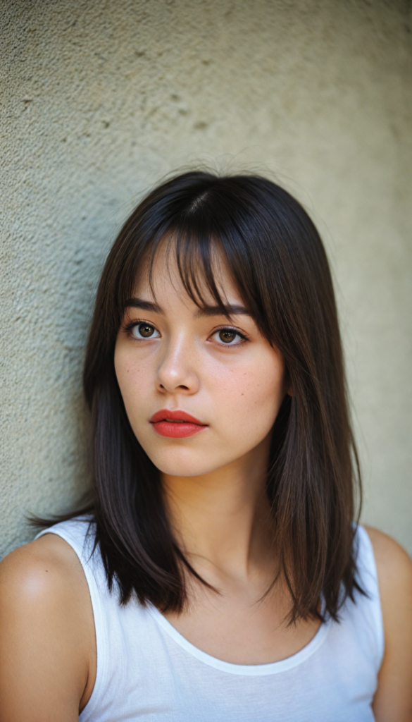 visualize a cute picture: a detailed teen girl, with soft straight very long jet brown hair, bangs cut frame her round face, exuding a sense of melancholy and loneliness, full red lips, (white cropped short tank top made of fine wool) which perfectly shaped her body), view from above (against a wall backdrop)