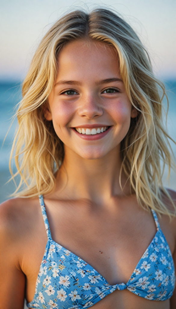 a young blonde haired girl in a bikini, smile, beach in the backdrop